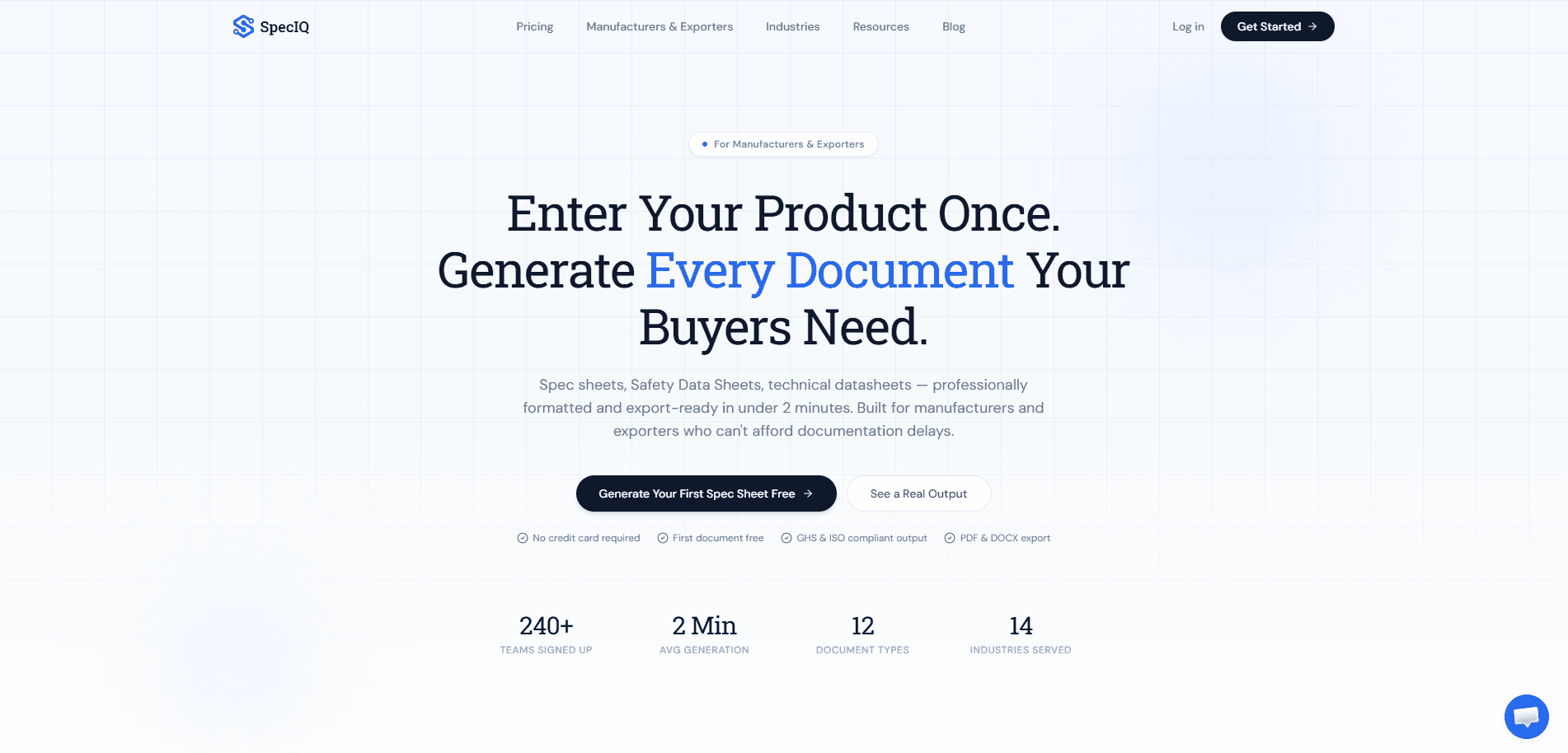 SpecIQ dashboard — AI documentation platform for manufacturers and exporters